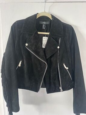 Black suede jacket with fringe on sleeves